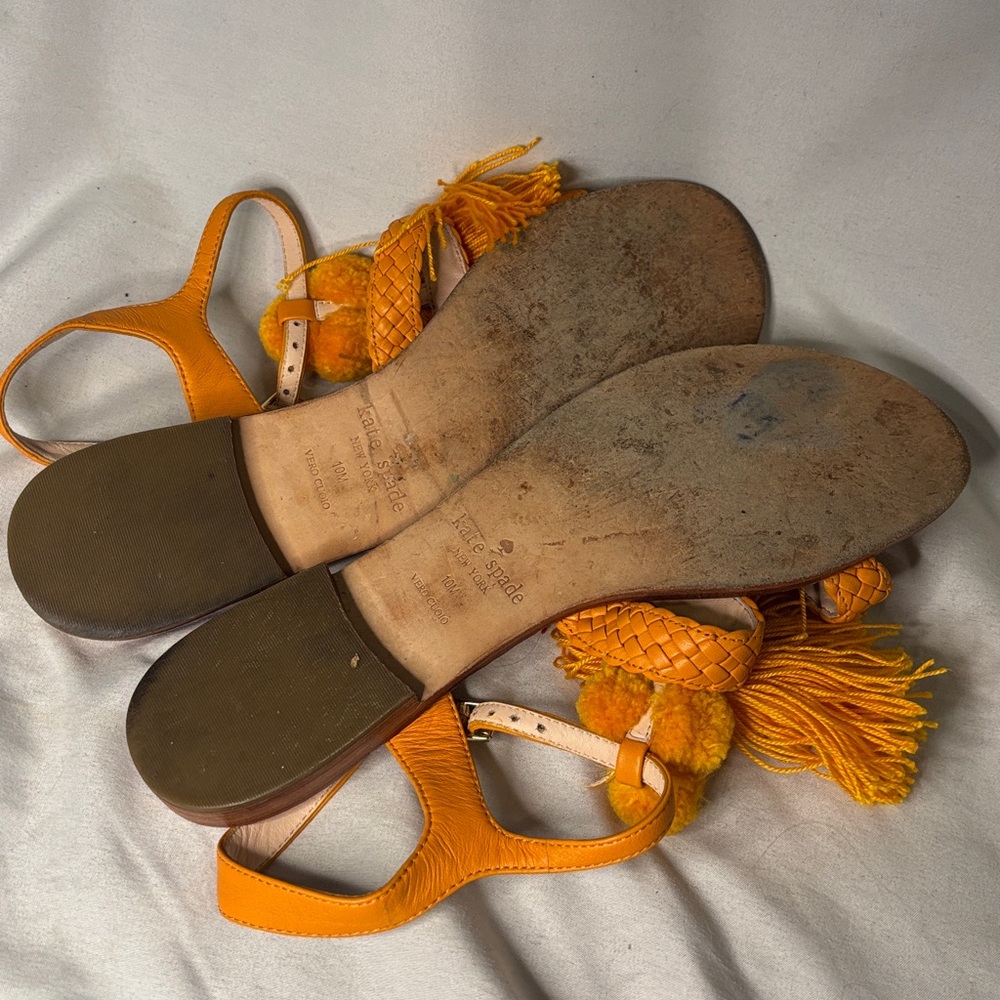 Kate Spade Pom Pom Tassel Flat Leather Sandals Orange Size 10 - Picture 6 of 7